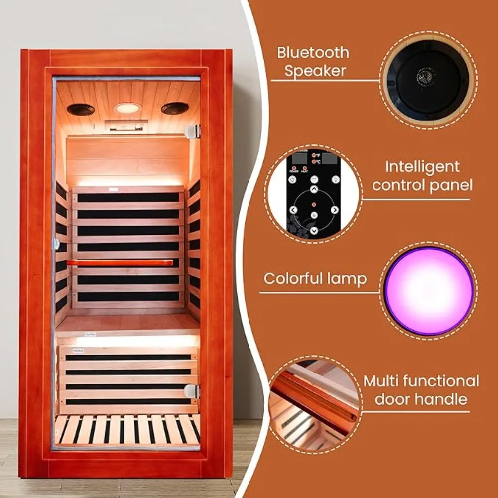 Infrared Sauna for Home Indoor Sauna Wooden Dry Sauna Room Low EMF 1020W for 1 Person with Control Panel,Bluetooth Speaker,