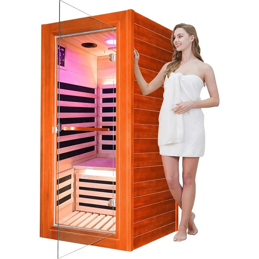 Infrared Sauna for Home Indoor Sauna Wooden Dry Sauna Room Low EMF 1020W for 1 Person with Control Panel,Bluetooth Speaker,
