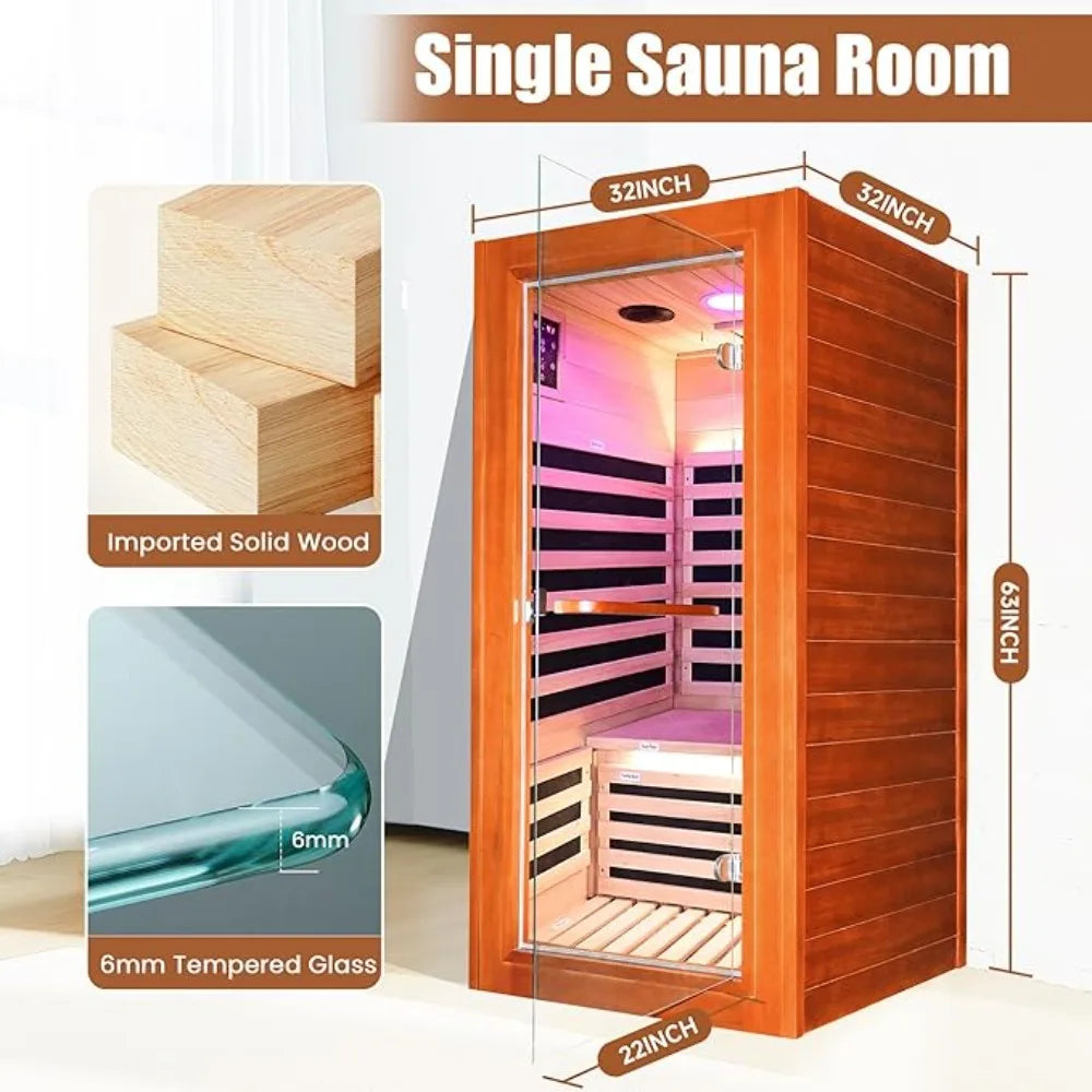 Infrared Sauna for Home Indoor Sauna Wooden Dry Sauna Room Low EMF 1020W for 1 Person with Control Panel,Bluetooth Speaker,