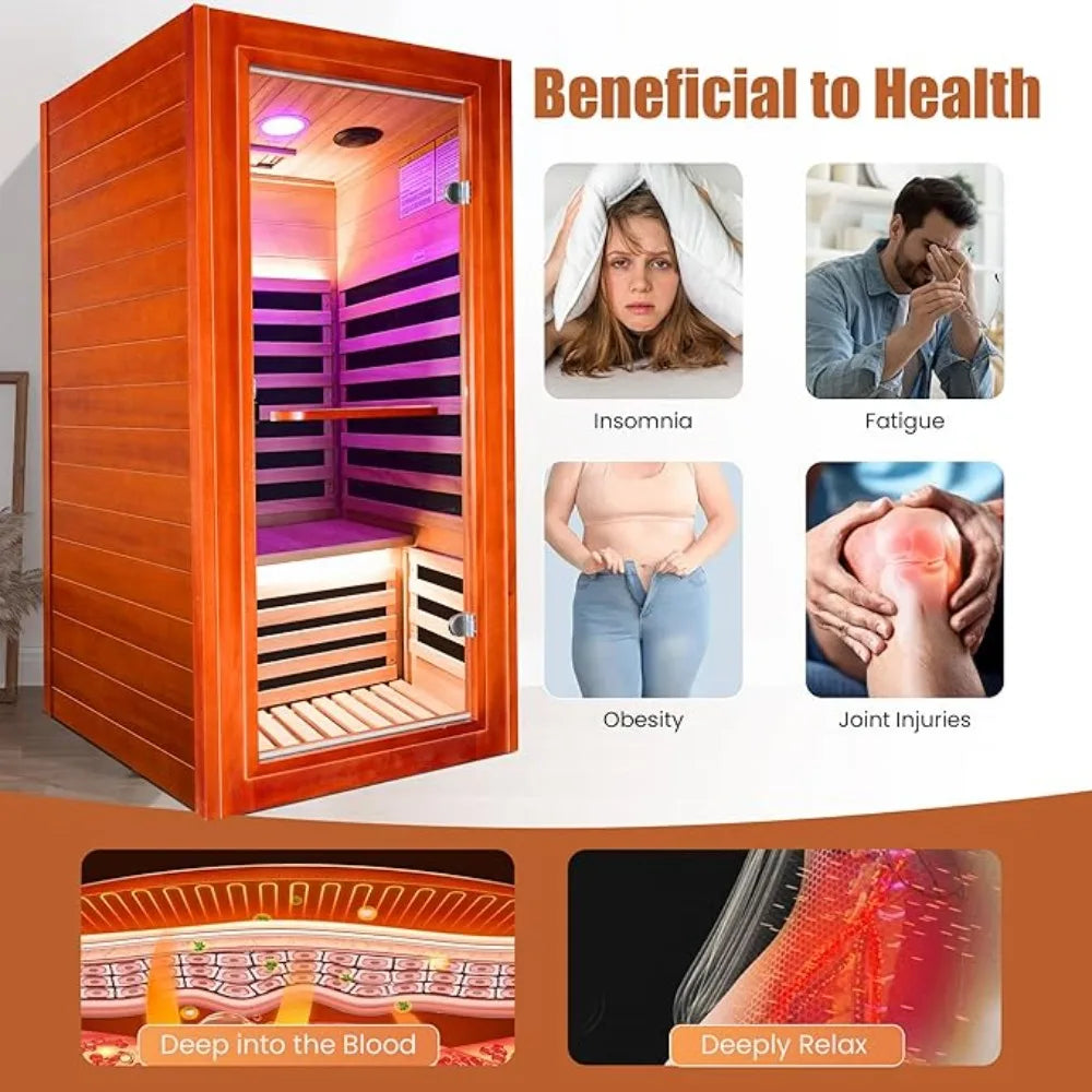Infrared Sauna for Home Indoor Sauna Wooden Dry Sauna Room Low EMF 1020W for 1 Person with Control Panel,Bluetooth Speaker,