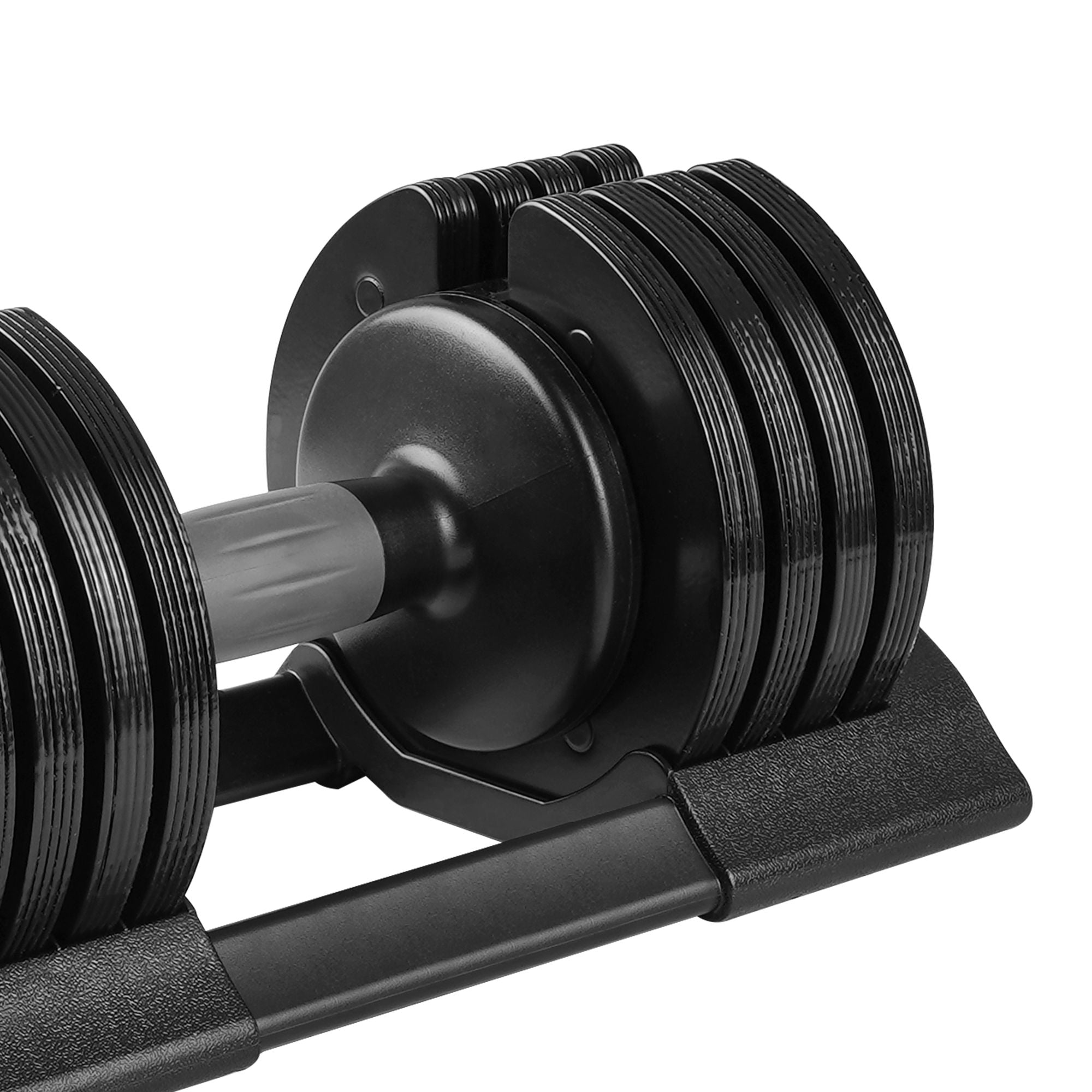 Pair of adjustable dumbbells on a white background.