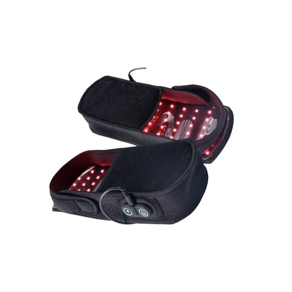 Black LED shoe lights with red lights on a white background