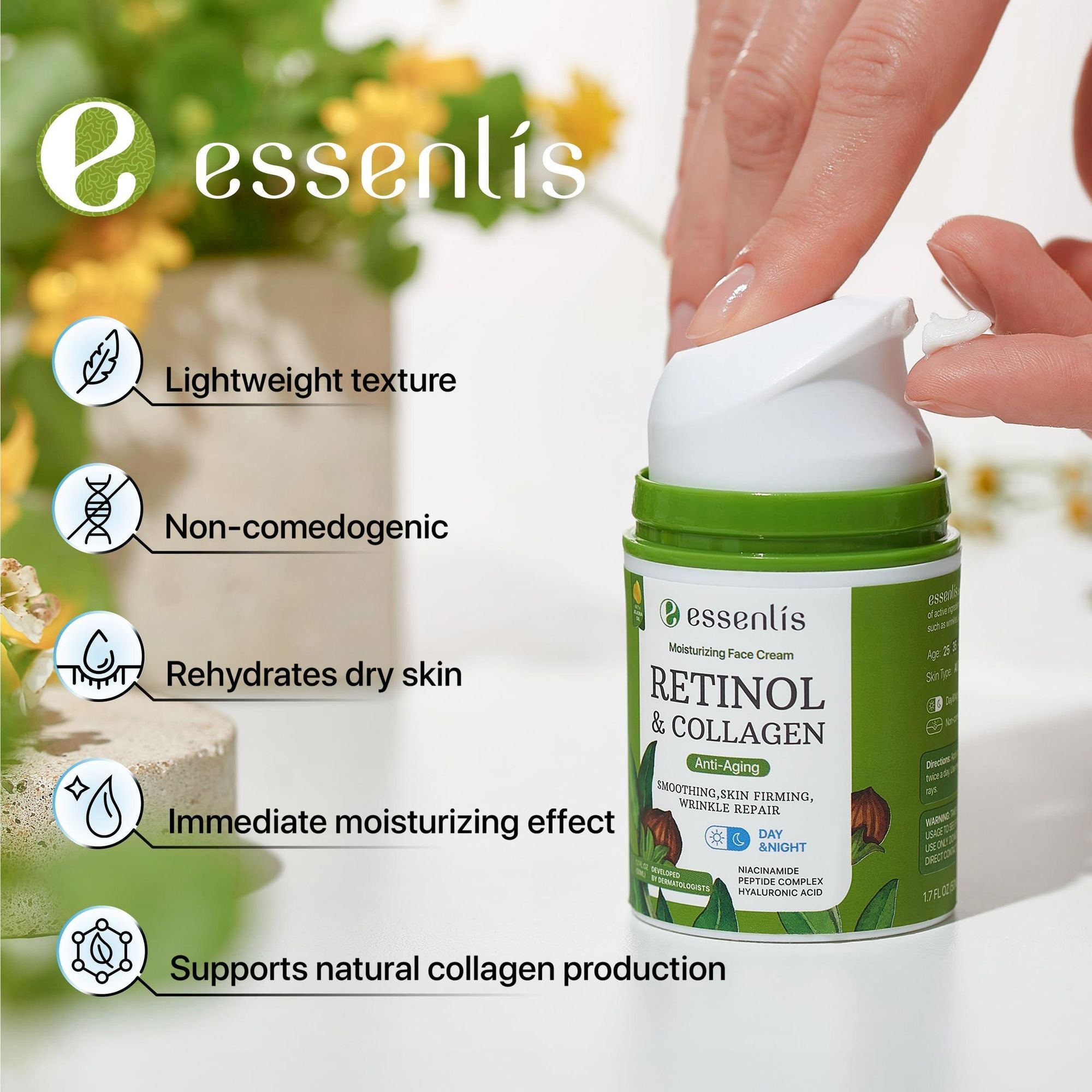 Essenlis Retinol & Collagen cream jar with text highlighting features.