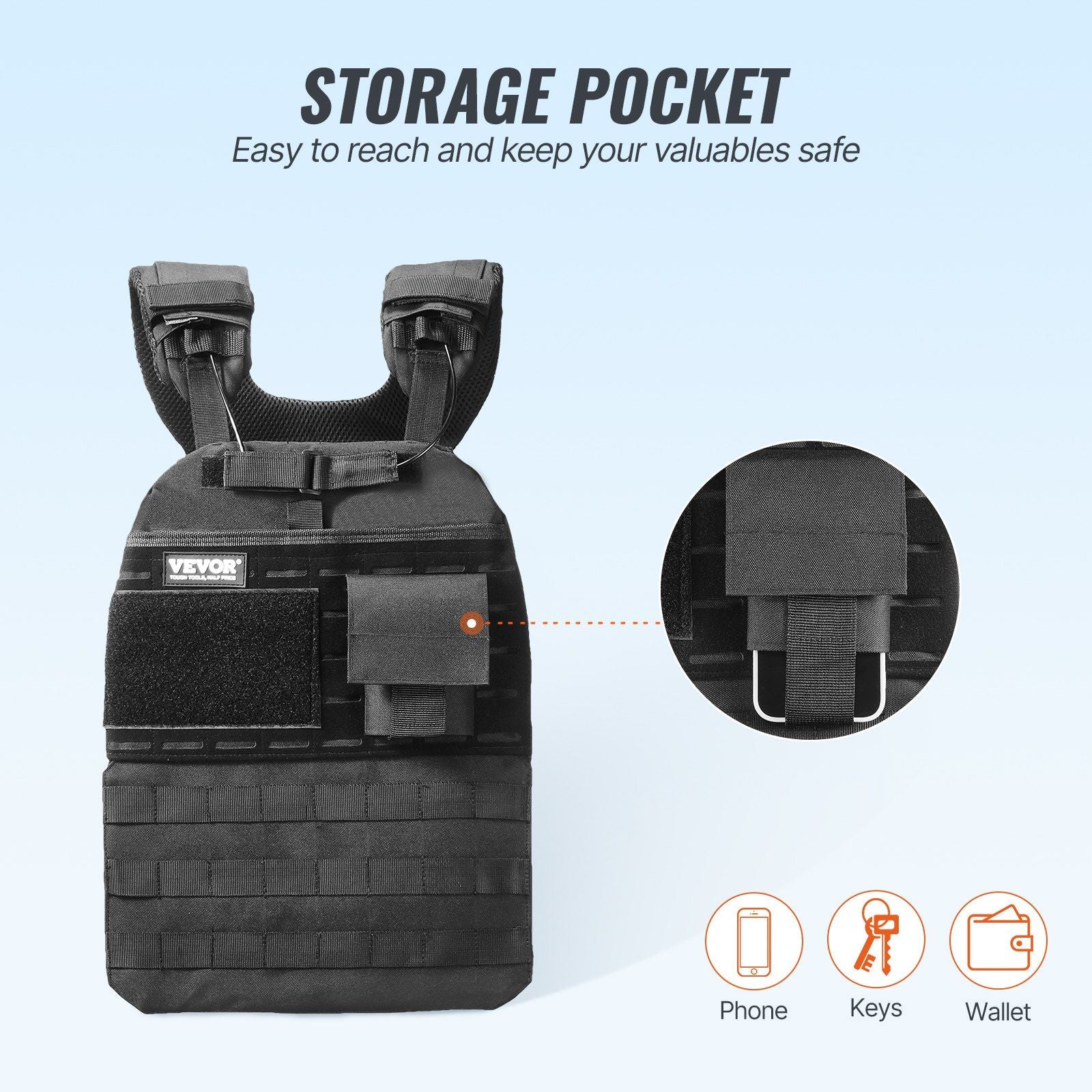 Black tactical vest with storage pocket.