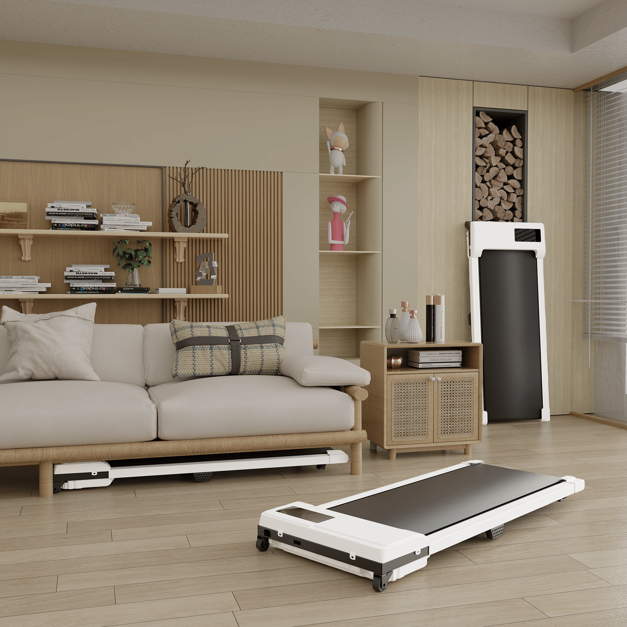 Treadmill in a living room setting with a sofa and shelves.