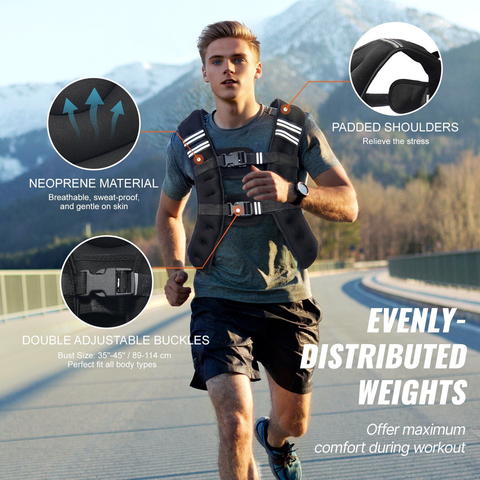 Man running outdoors wearing a weighted vest.