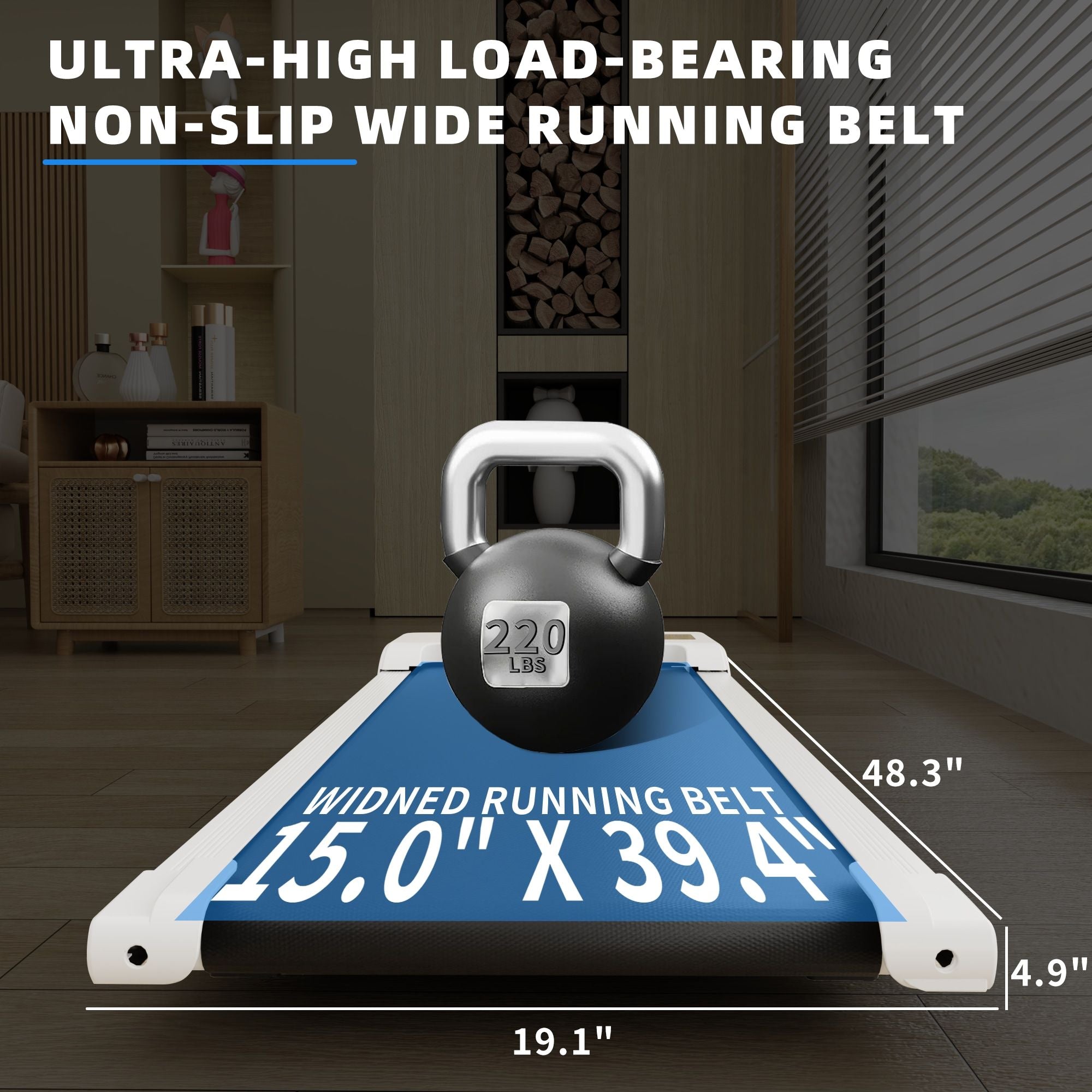 Kettlebell on a widened running belt with product details text overlay