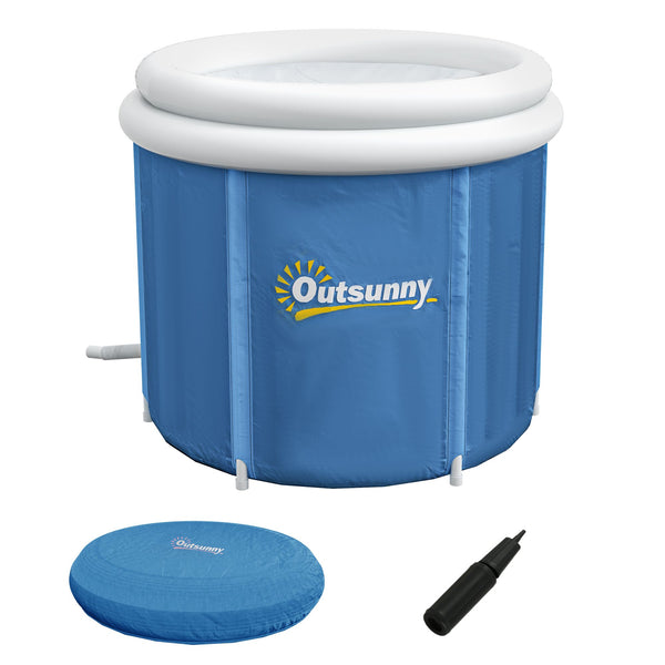 Blue inflatable hot tub with white top, cover, and pump on a white background