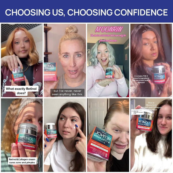 people holding and using Retinol products with promotional text 'Choosing Us, Choosing Confidence'.