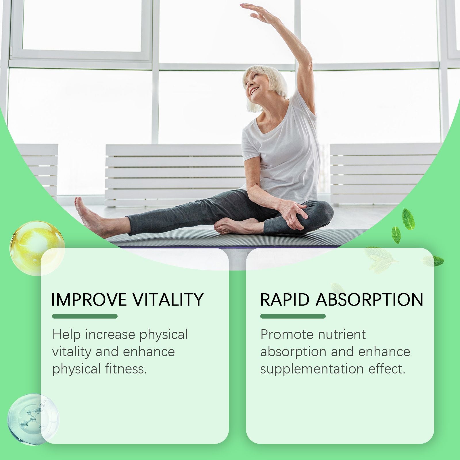Woman practicing yoga in a bright room with text about improving vitality and rapid absorption.