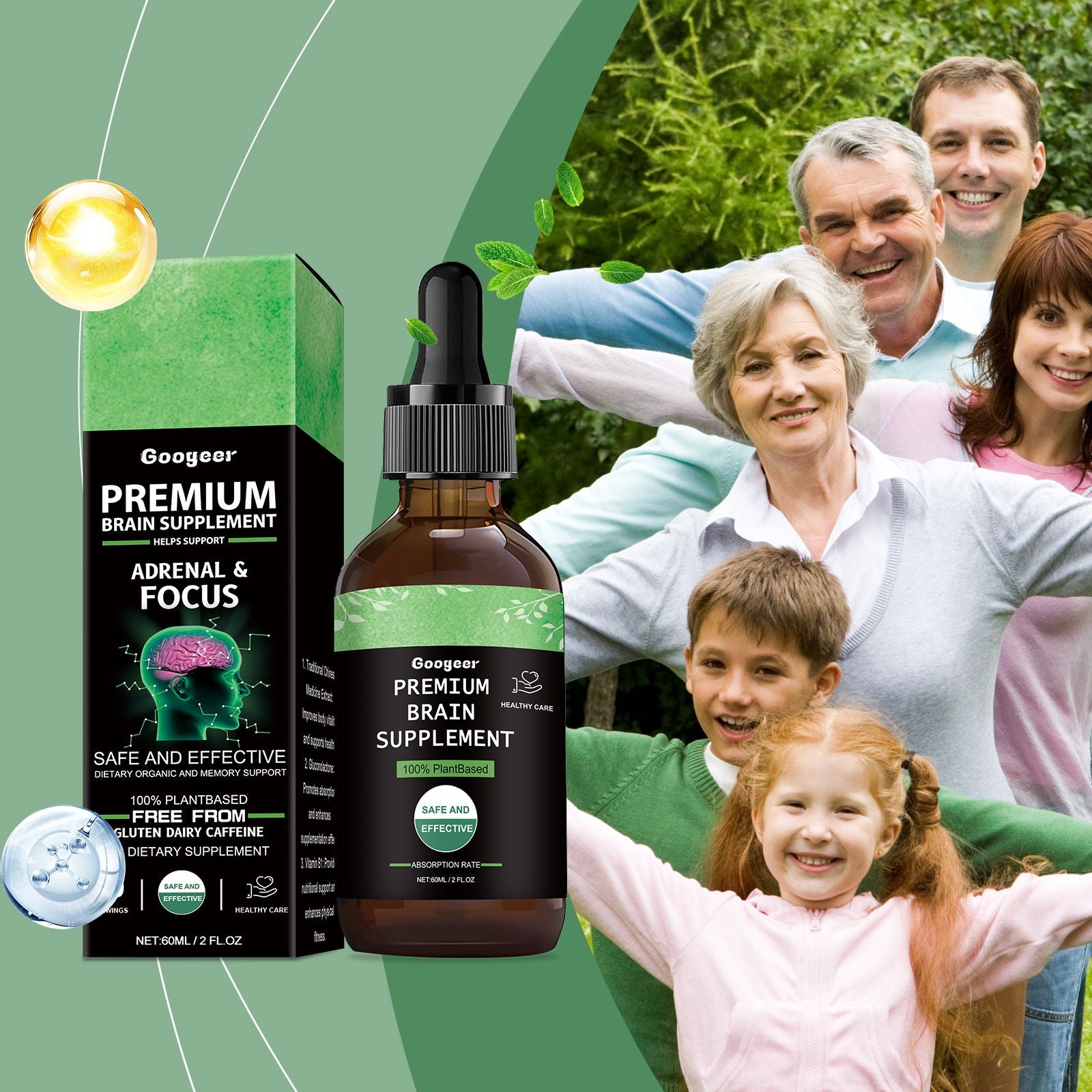 Googear Premium Brain Supplement with family in the background.