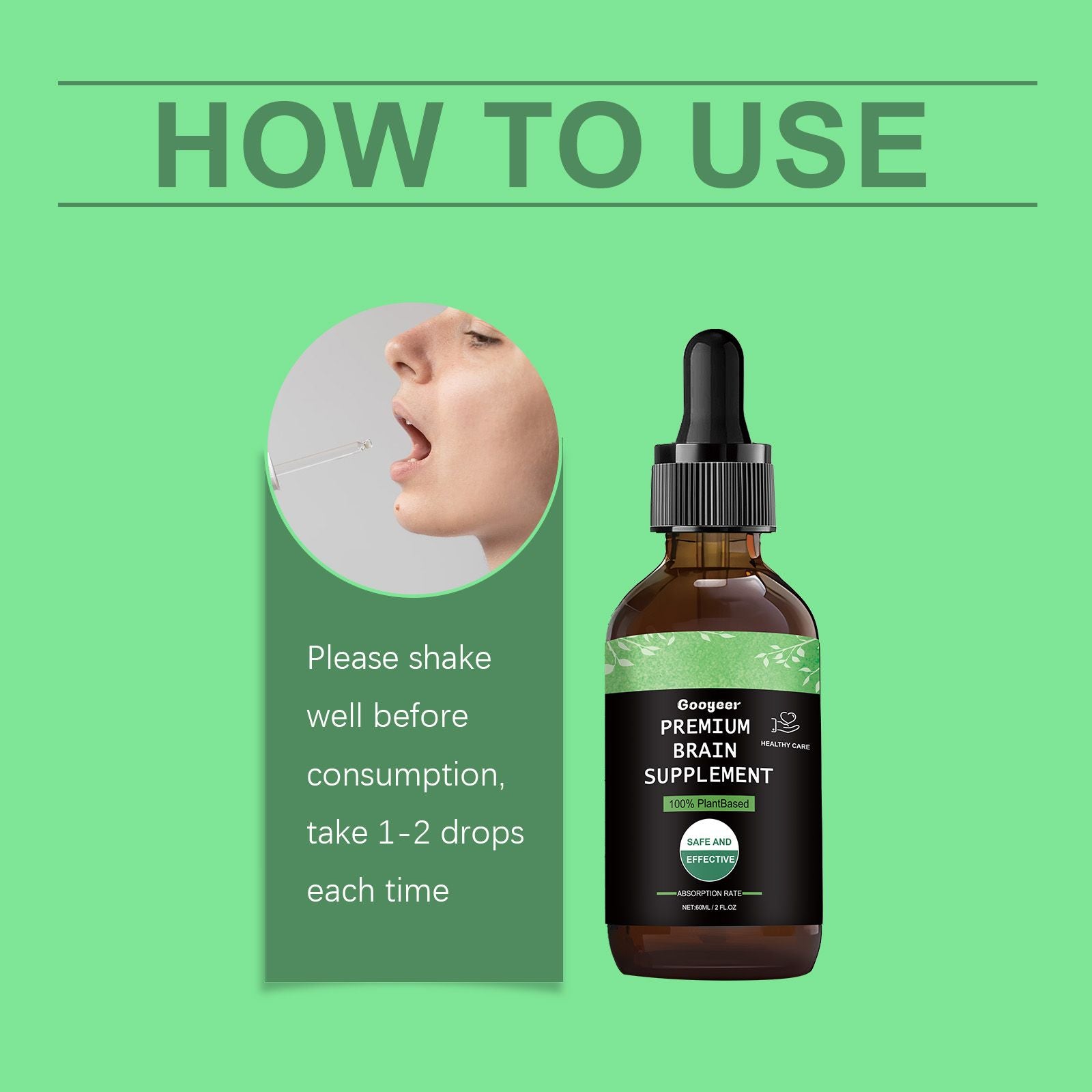 Bottle of brain supplement with dropper on a green background, showing usage instructions.