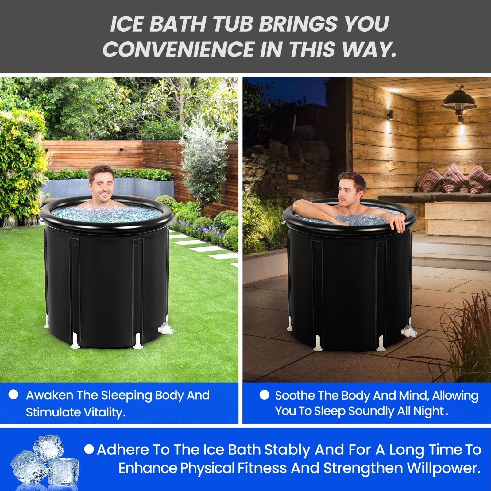 Ice bath tub being used outdoors and indoors with text highlighting its benefits.
