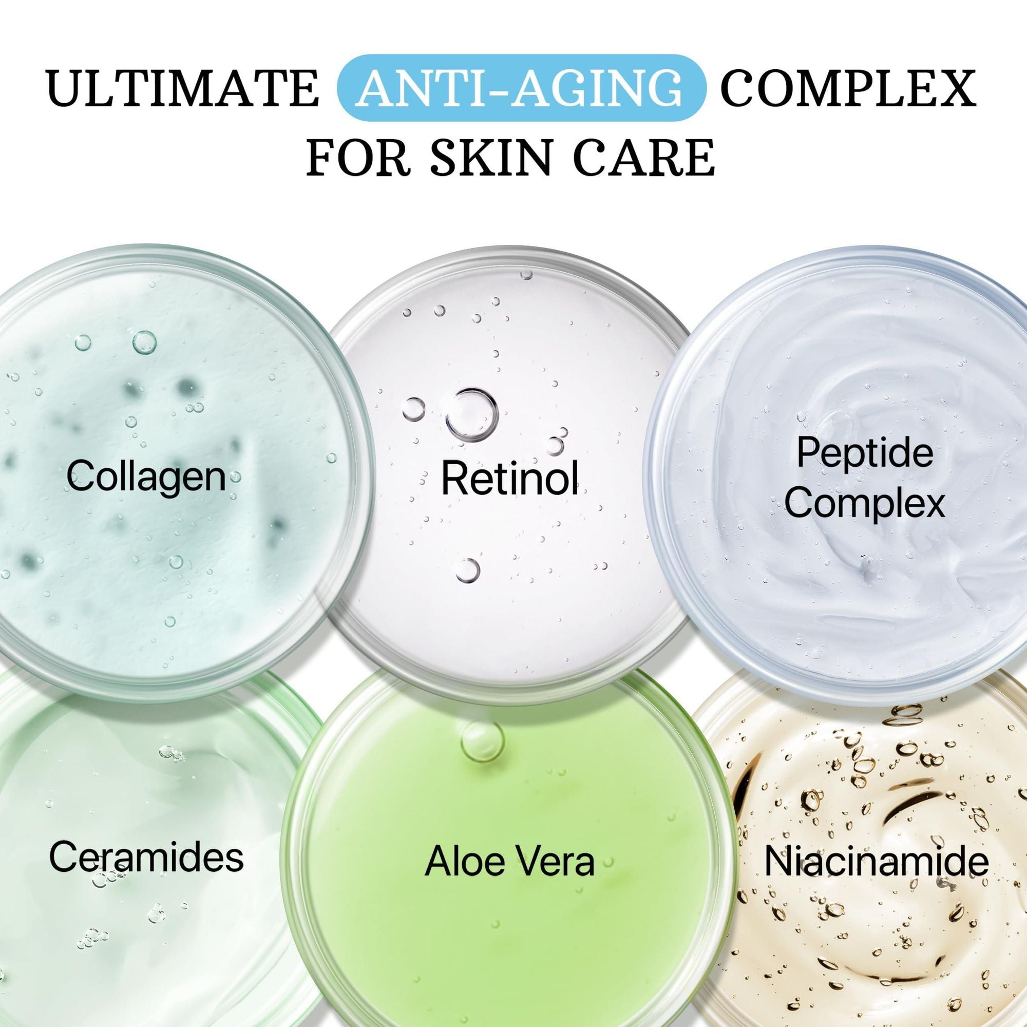 Various skincare ingredients in containers.