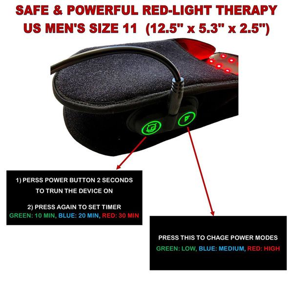 Red-light therapy device with control buttons and usage instructions.