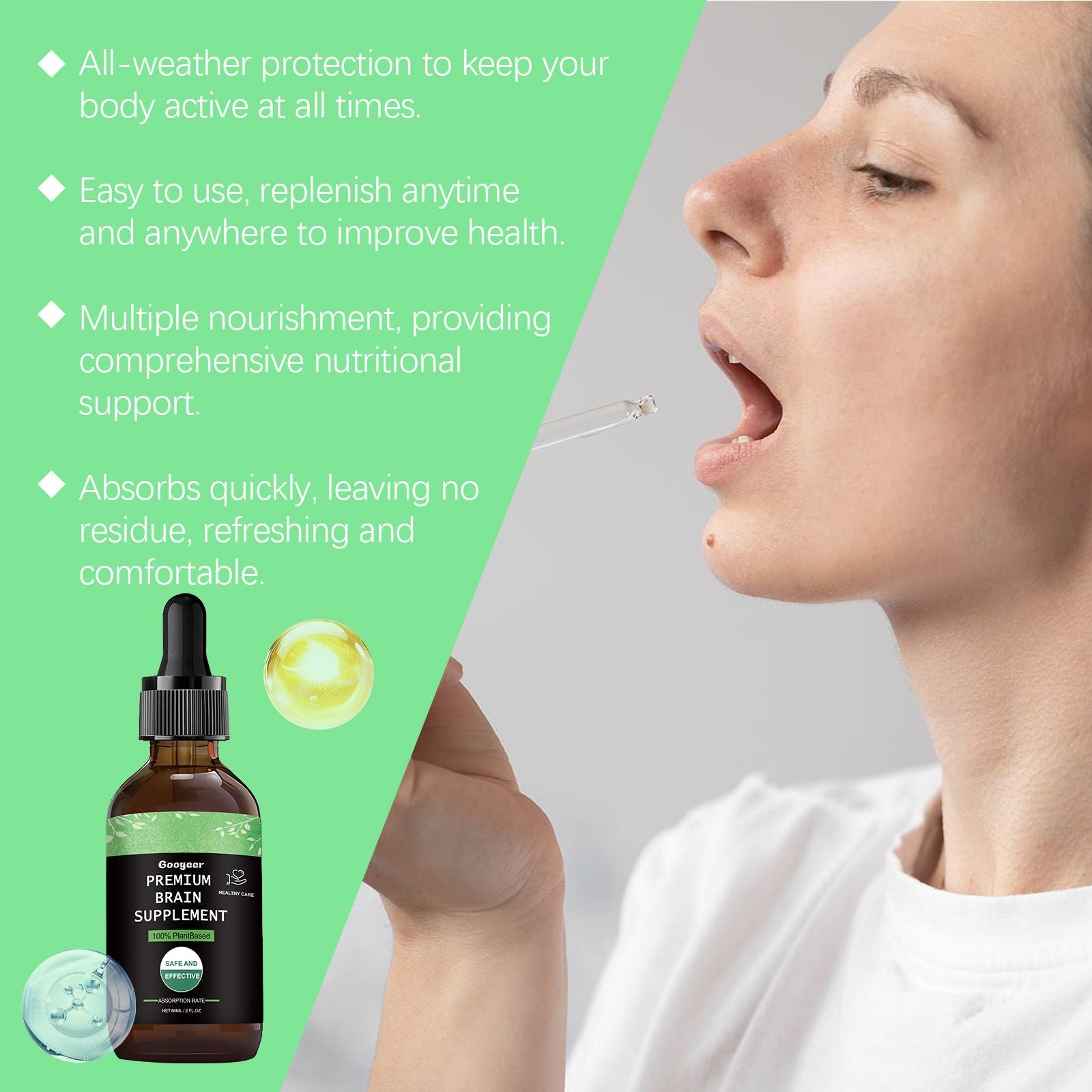 Bottle of premium brain supplement with dropper, woman using supplement, and text about product benefits.