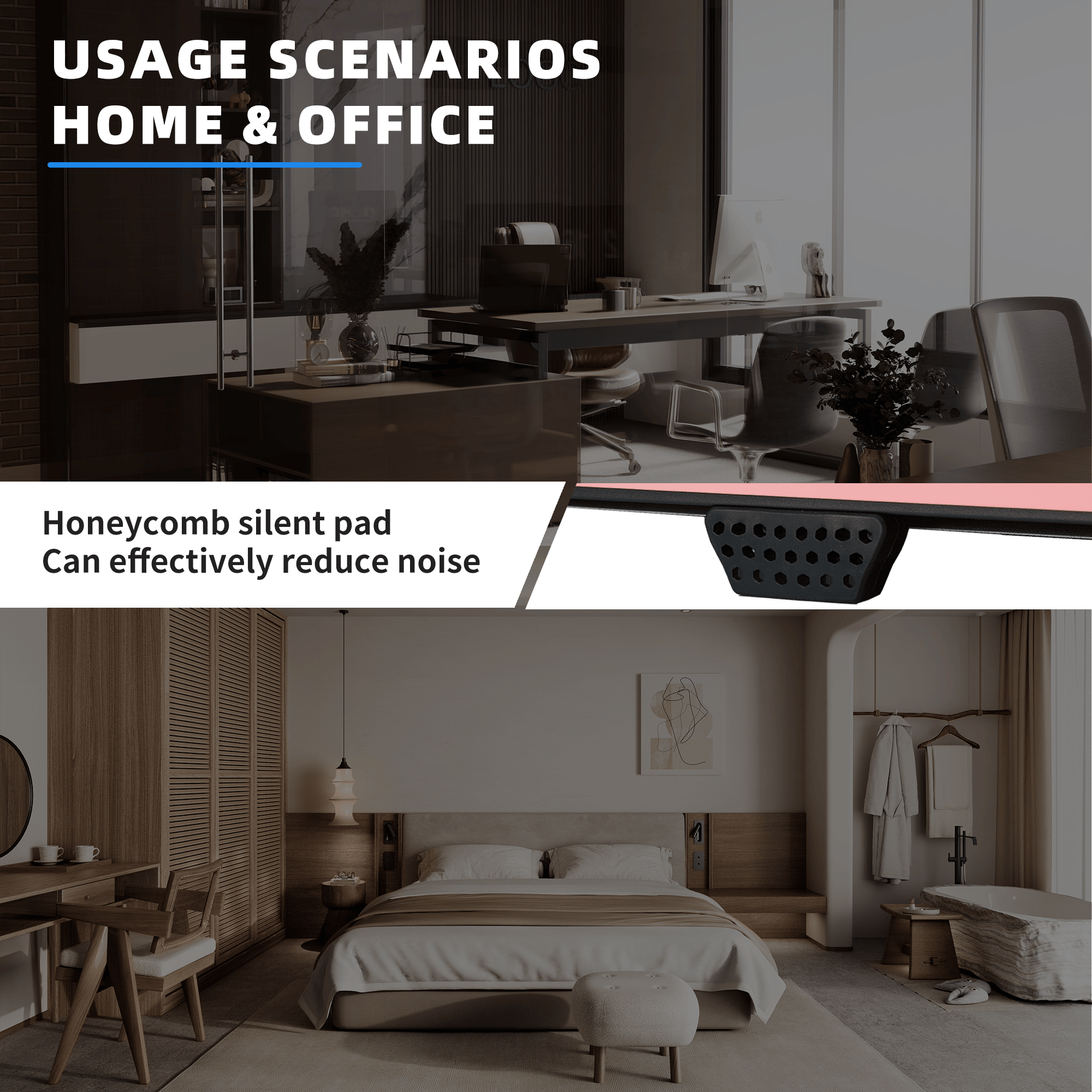 Usage scenarios for a honeycomb silent pad in home and office settings.