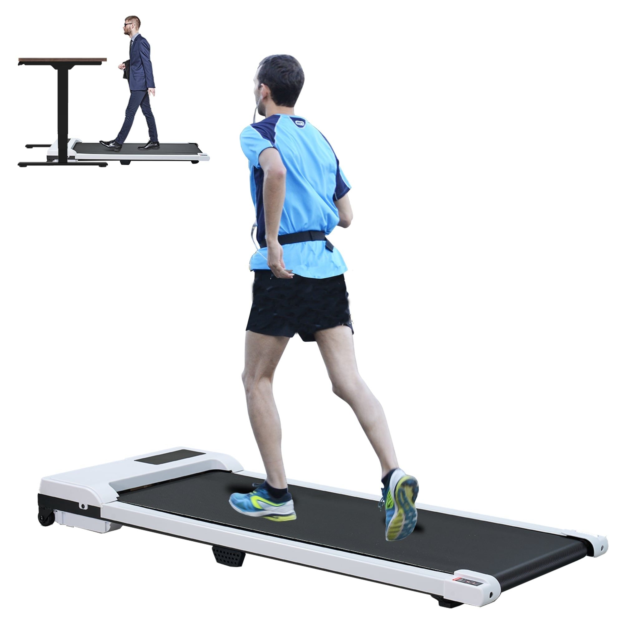 Person using a treadmill on a white background