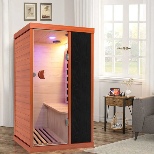 1-Person Hemlock Infrared Sauna Room, AC110V 800W Indoor Dry Spa with Bluetooth Music & Integrated Speakers, Personal Home Gym
