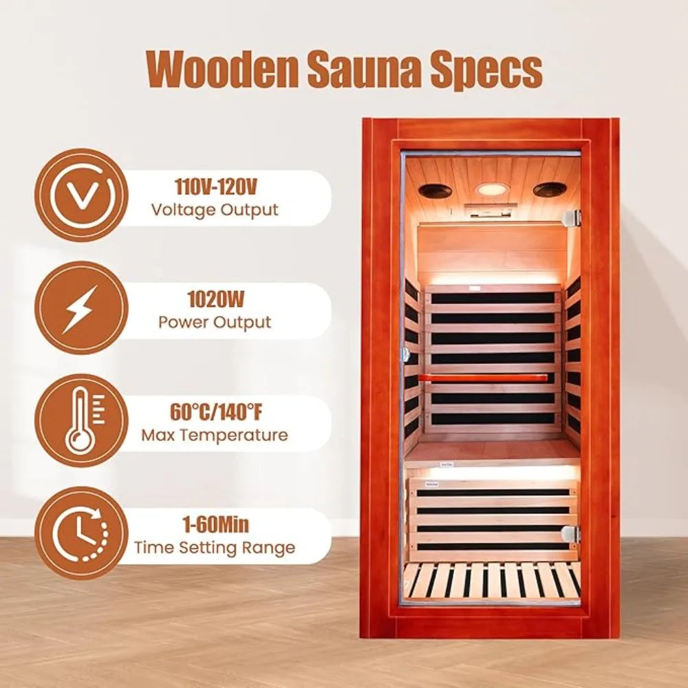 Infrared Sauna for Home Indoor Sauna Wooden Dry Sauna Room Low EMF 1020W for 1 Person with Control Panel,Bluetooth Speaker,