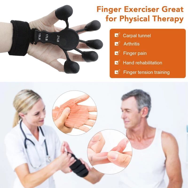 Finger exerciser for physical therapy with a gloved hand and text highlighting its uses.