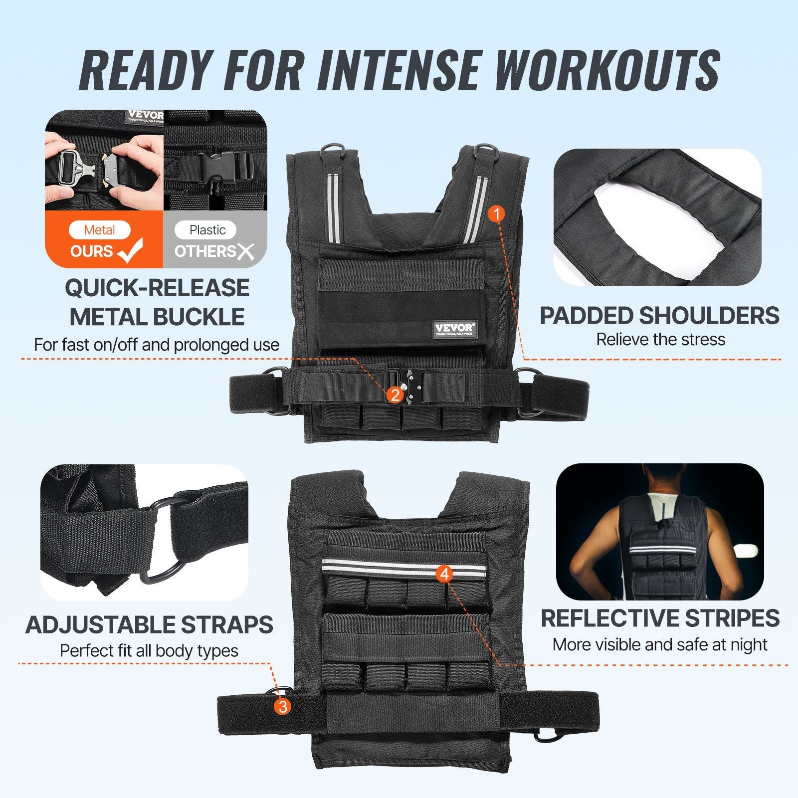 Black weighted vest with features highlighted.