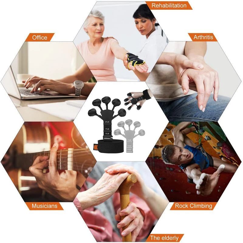 Hexagonal grid showing images related to rehabilitation, arthritis and rock climbing.