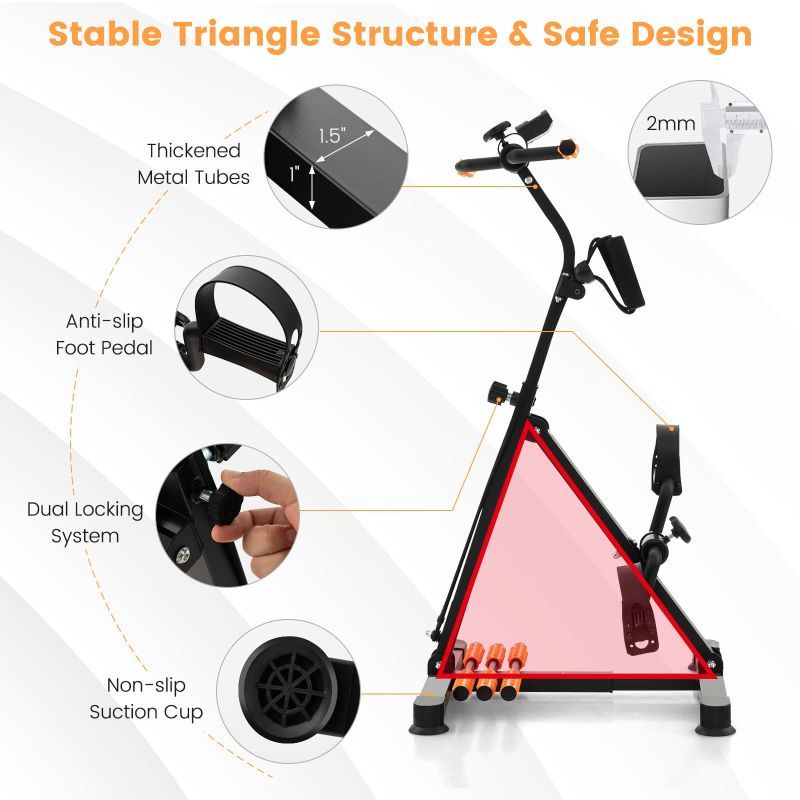 Stable triangle structure and safe design features of a stationary bike.