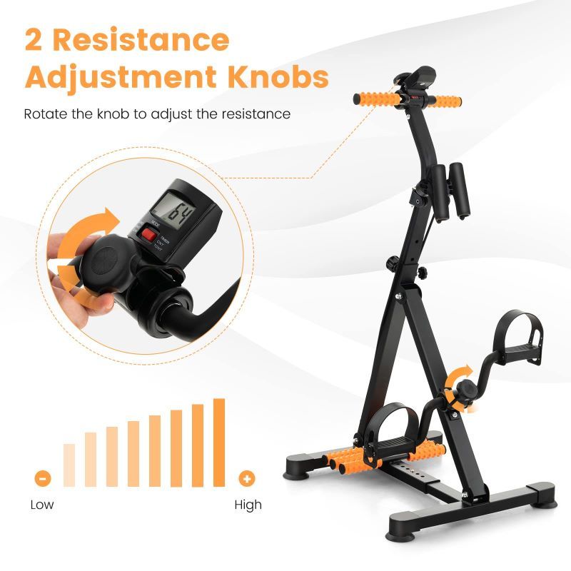 Fitness equipment with resistance adjustment knobs and digital display.