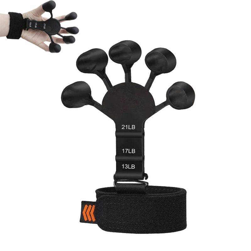 Black finger exerciser with weight markings on a white background