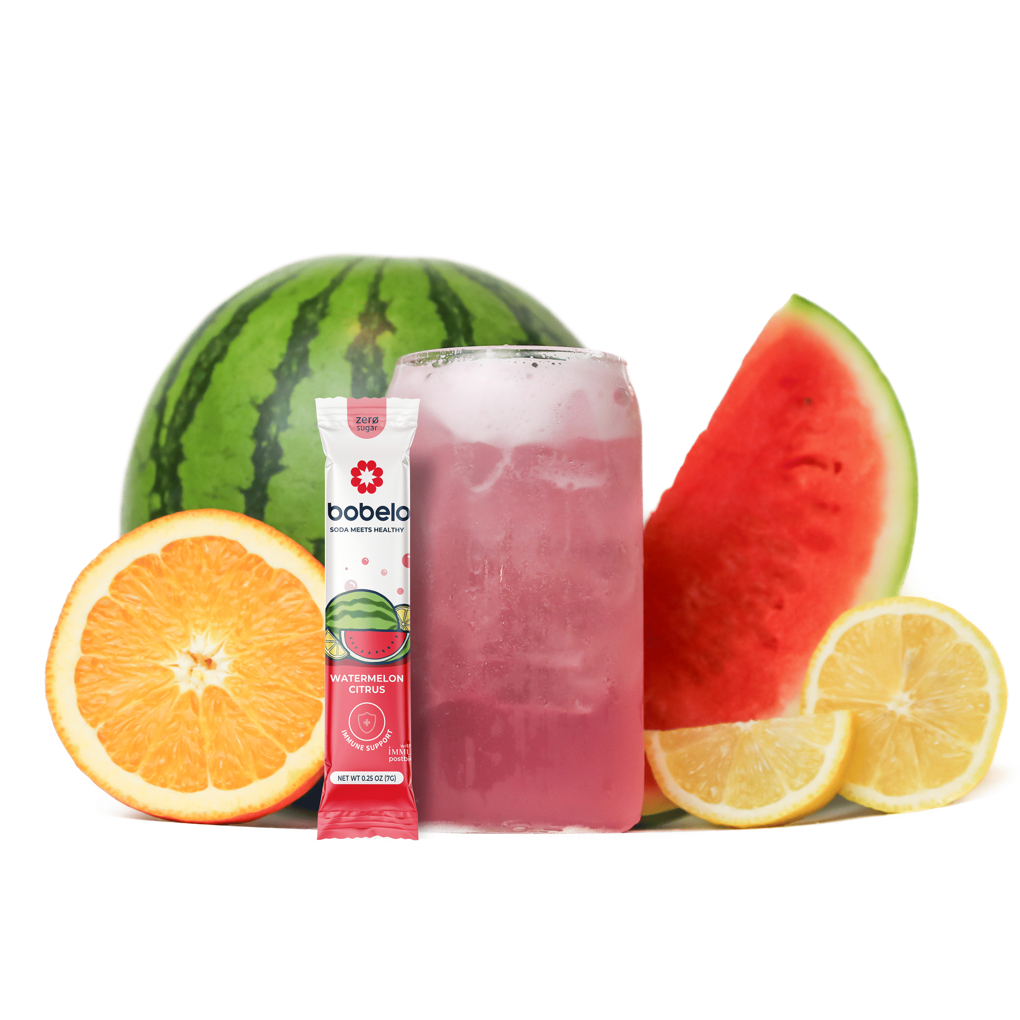 Botebo watermelon juice package with fruits on a white background