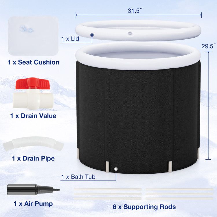 Black inflatable bathtub with components and measurements.
