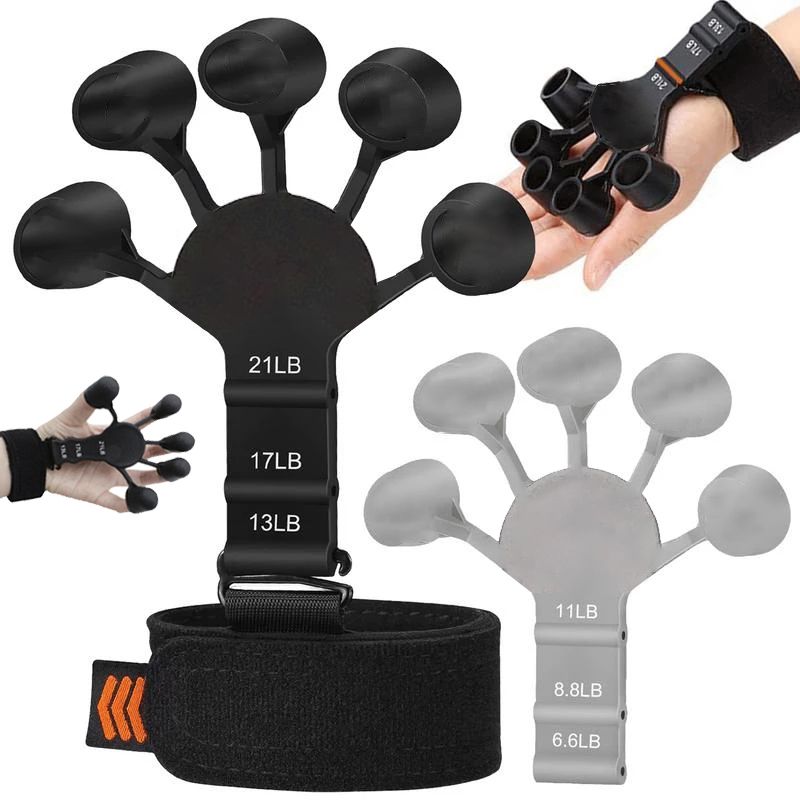 Black and gray finger exercisers with weight markings.