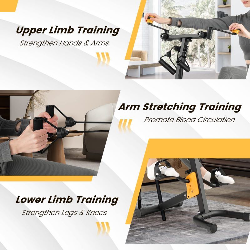 Gym equipment for upper limb, arm stretching, and lower limb training.