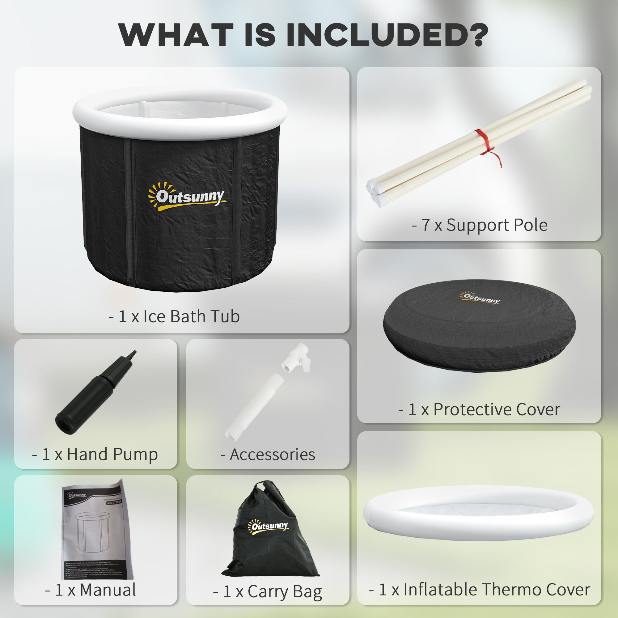 List of included items for an Outsunny ice bath tub set, including a tub, support pole, hand pump, and accessories.
