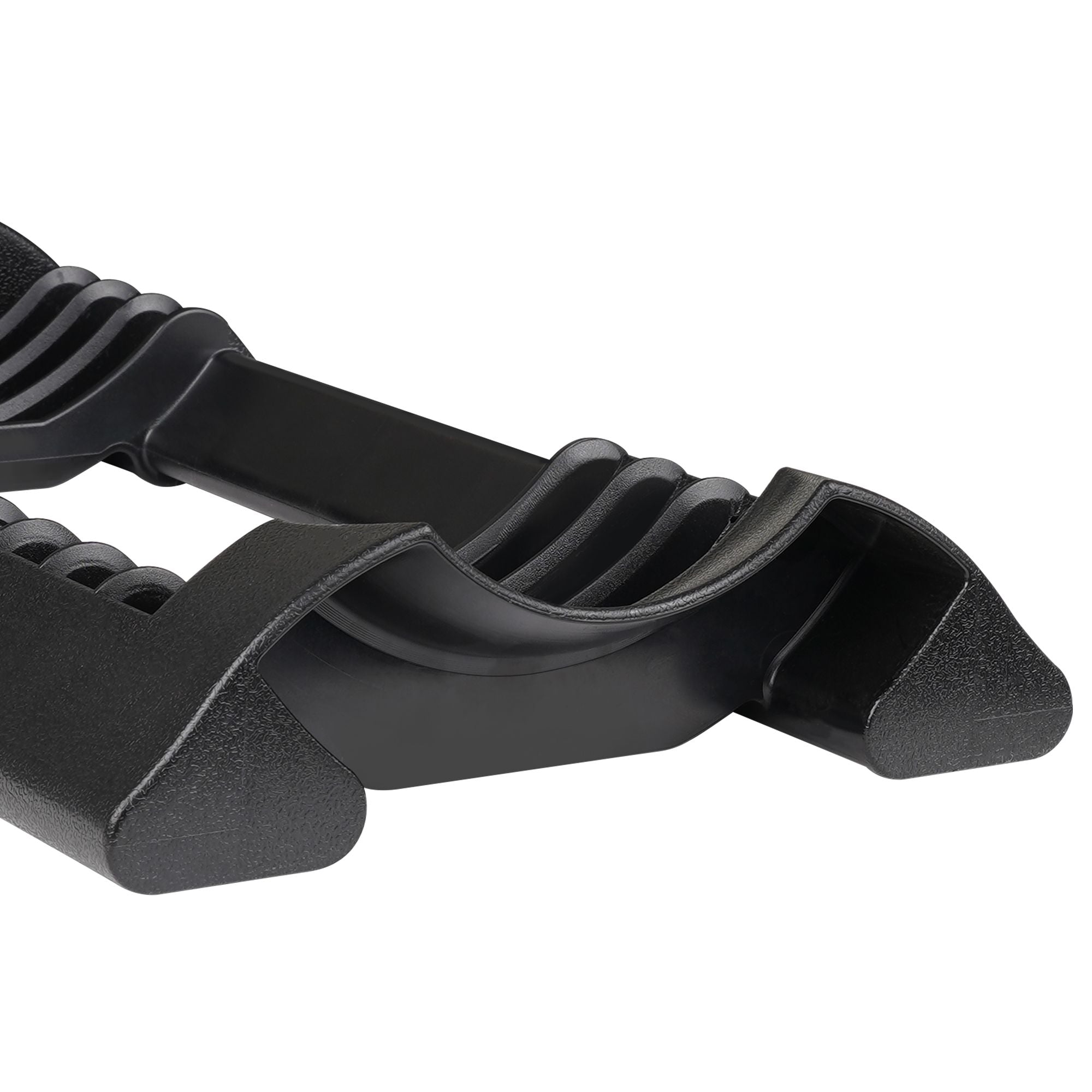 Black plastic component on a white background.