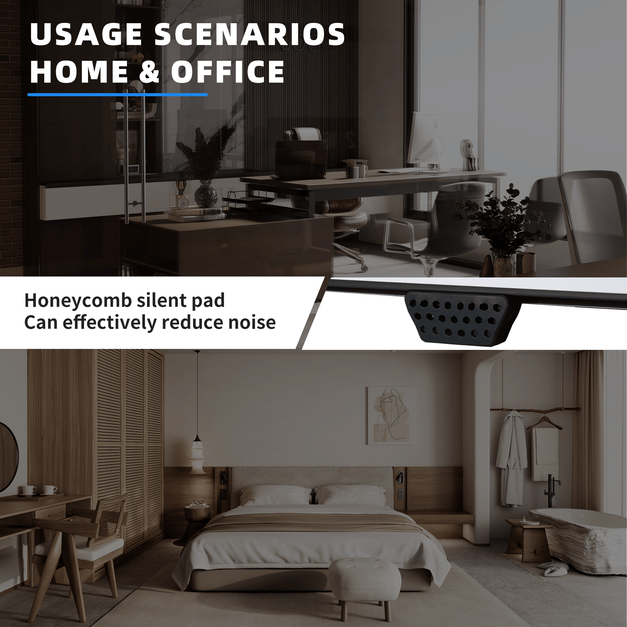 Usage scenarios for a honeycomb silent pad in home and office settings.