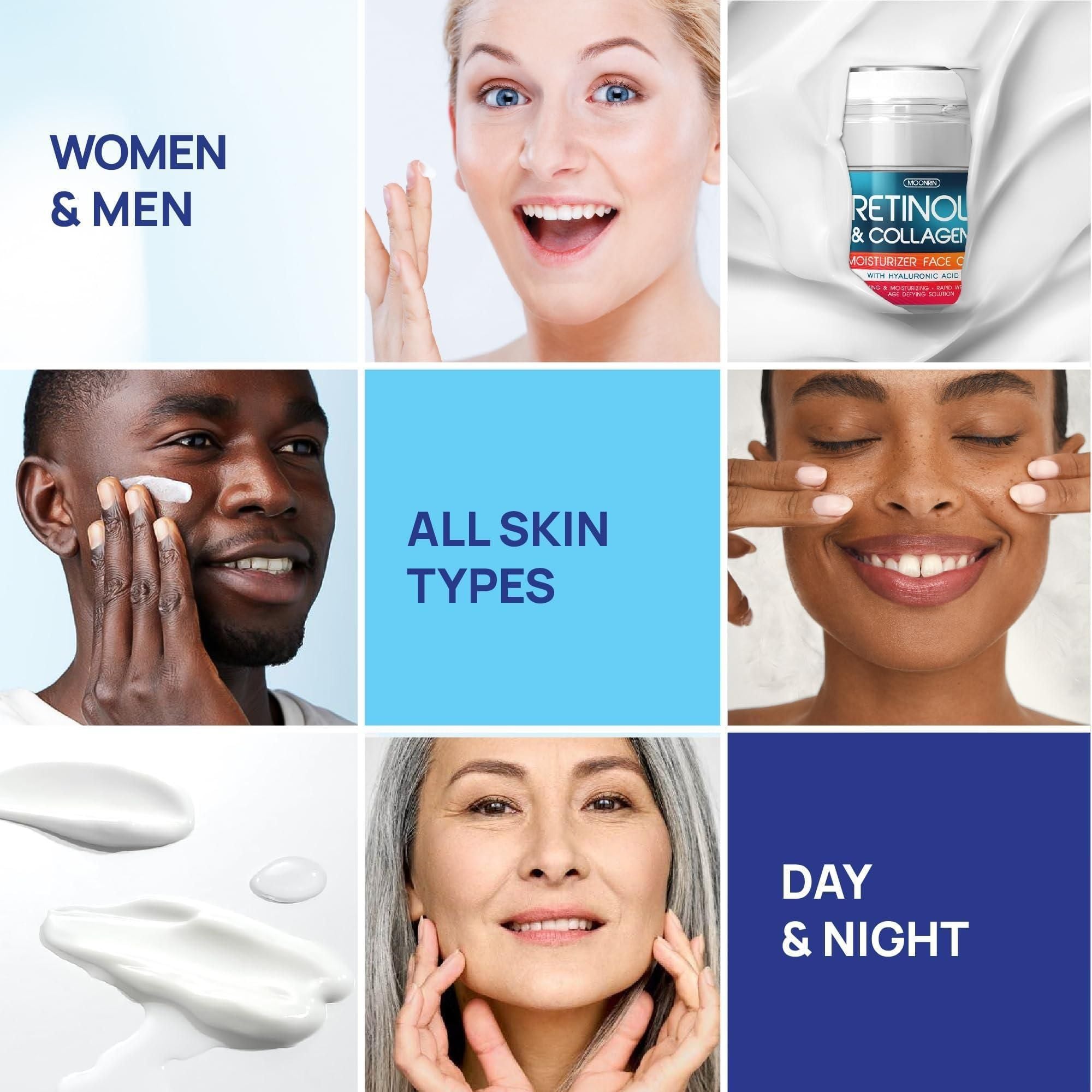people applying skincare products with text indicating for women and men, all skin types, day and night use.
