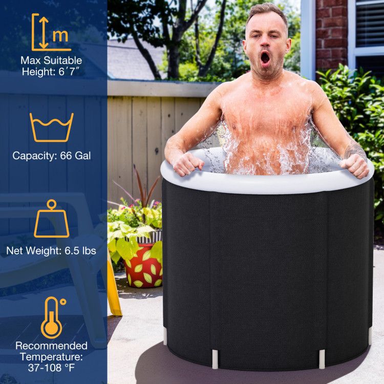  portable hot tub with specifications on the left side.