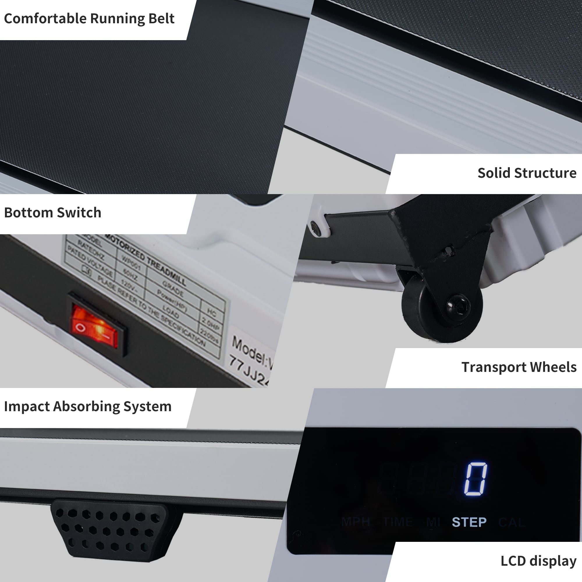 Close-up of a treadmill with labeled components.