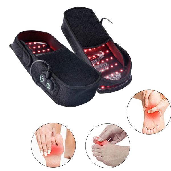 Black foot massager with LED lights on a white background, showing before and after effects on feet.