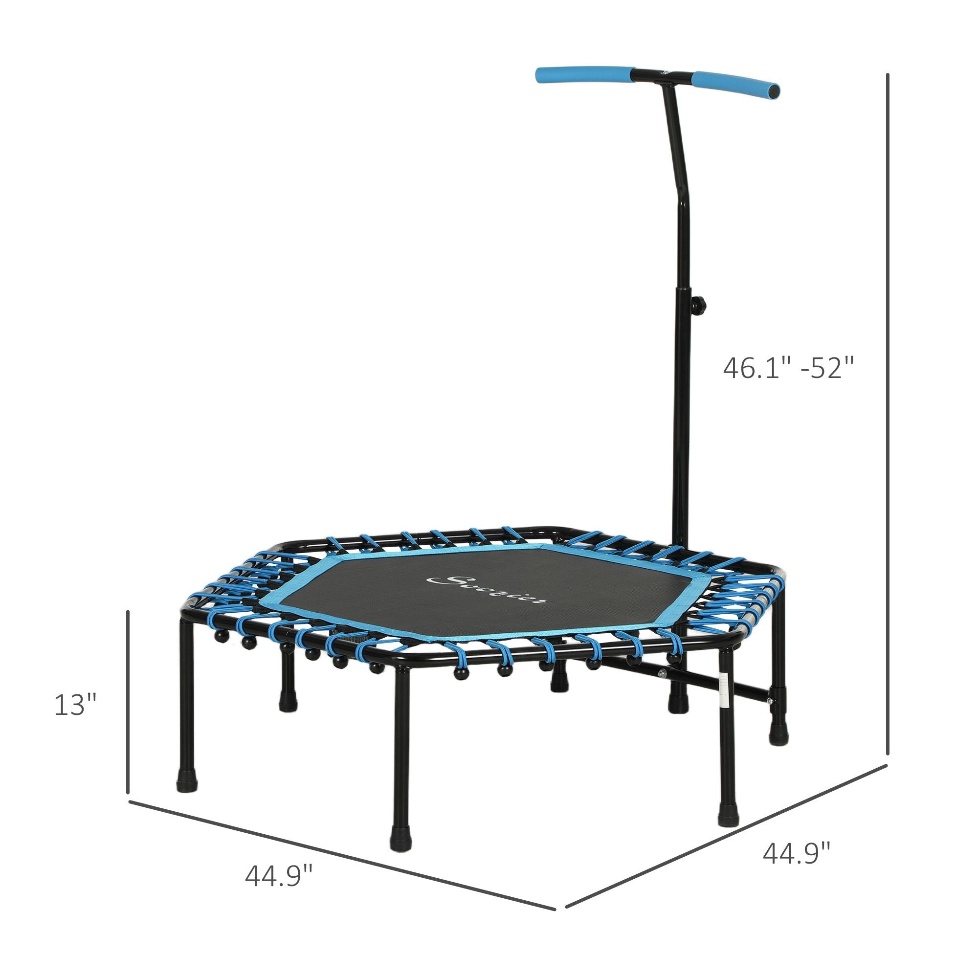 Trampoline with handlebar and dimensions labeled on a white background