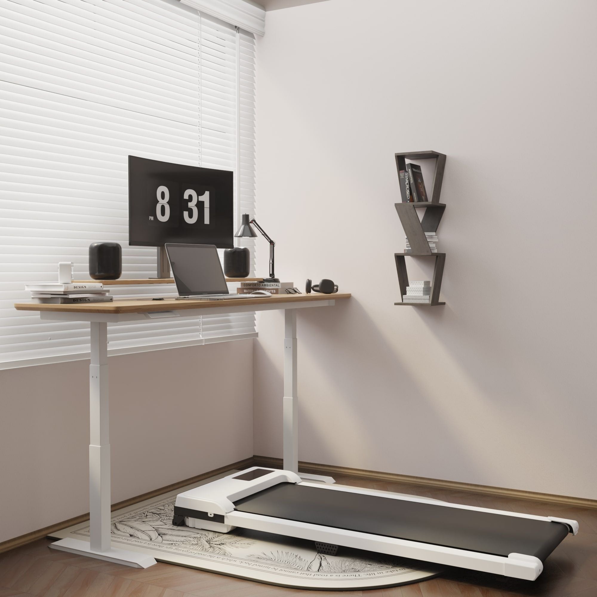 Modern treadmill desk setup in a home office with a computer and desk.