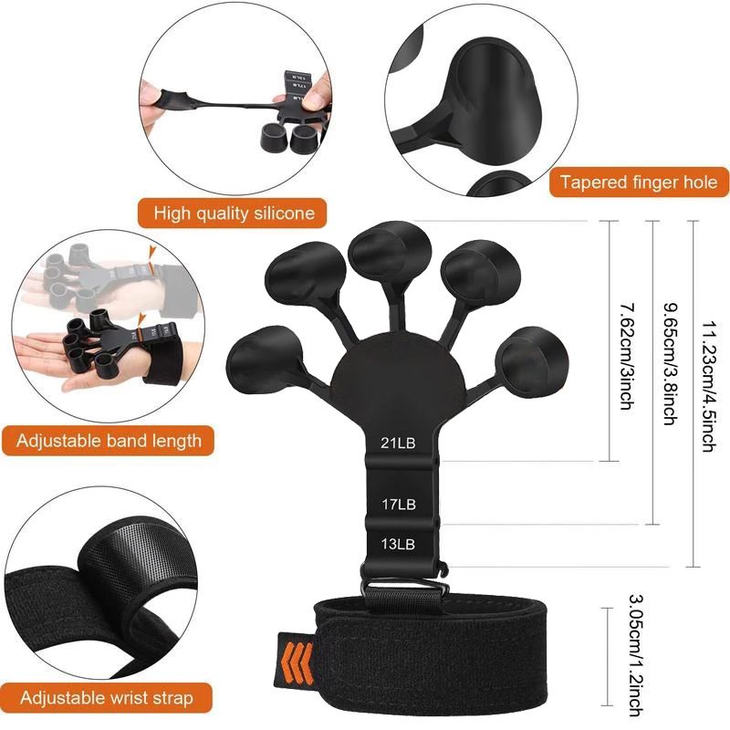 Black finger exerciser with adjustable band length and wrist strap.