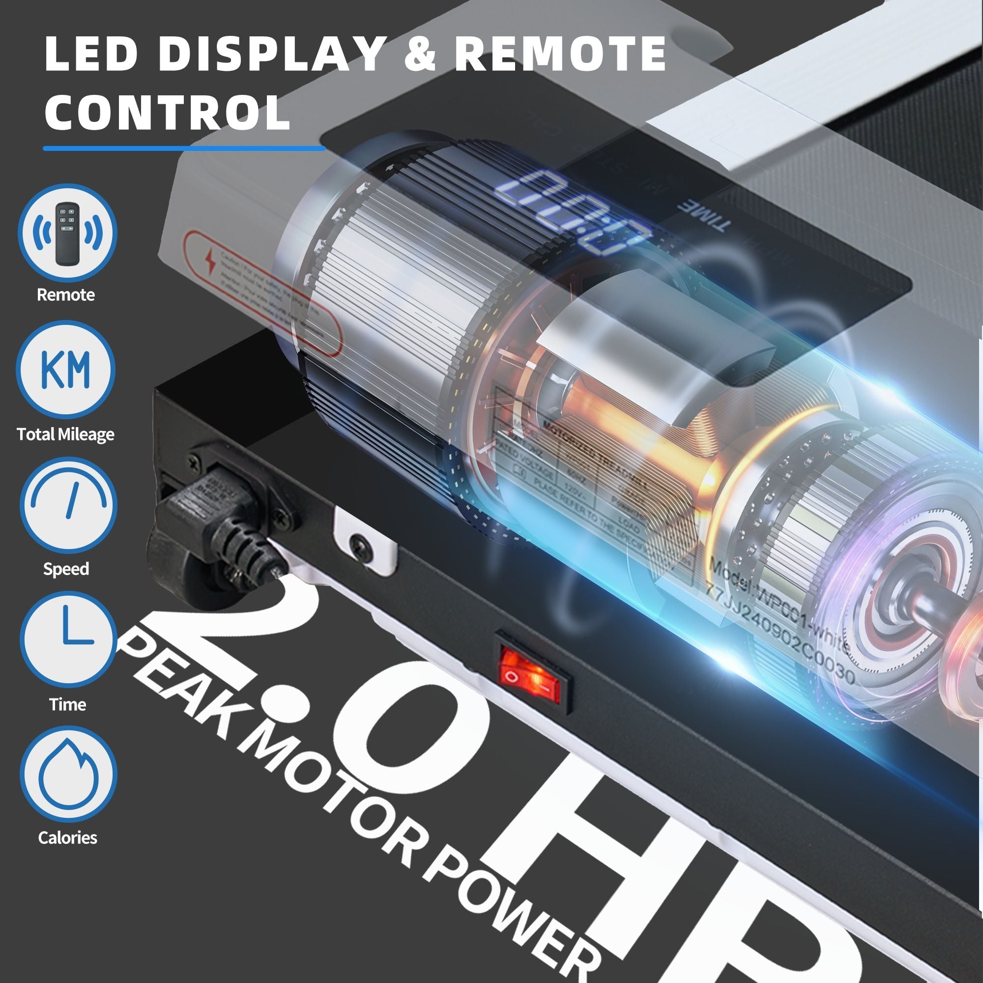 Motor with LED display and remote control features, showing '2.0 HP Peak Motor Power'.
