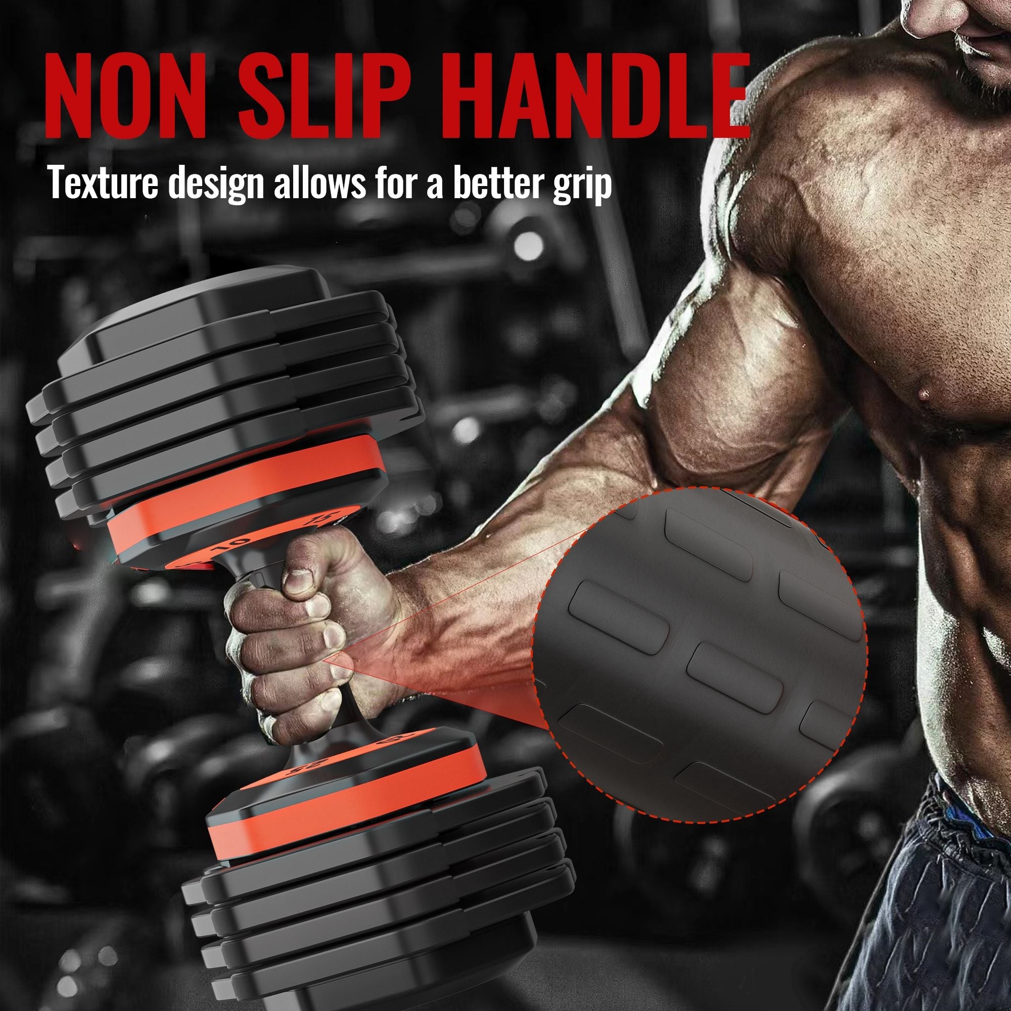 Person holding a black and red dumbbell.
