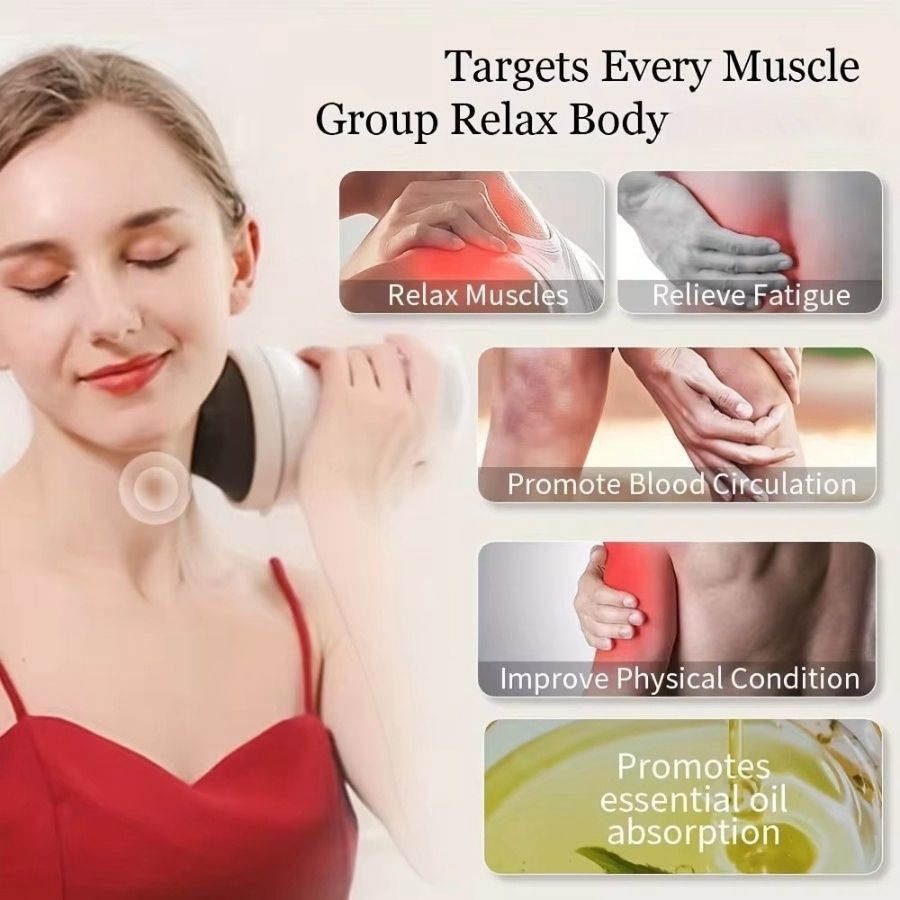 Woman using a handheld device on her arm with text highlighting its benefits.