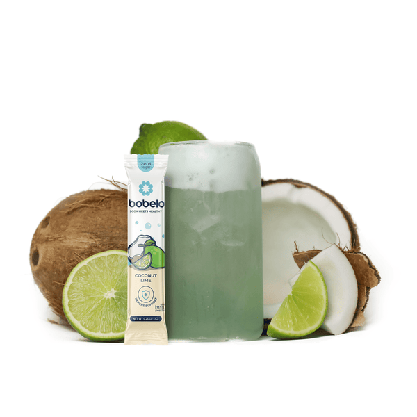 Coconut lime smoothie with a package of bobelo coconut lime flavor.