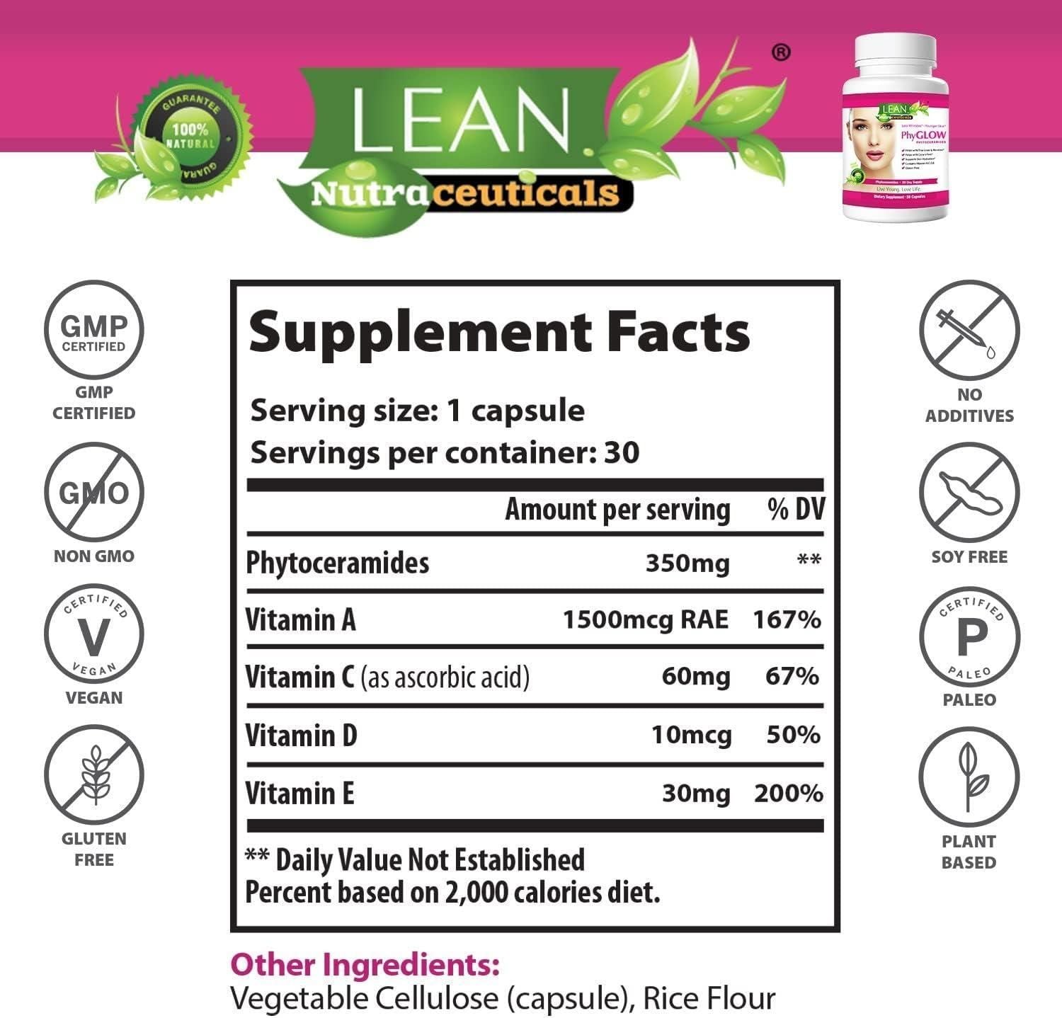 Supplement facts label for Lean Nutraceuticals with various certification logos.