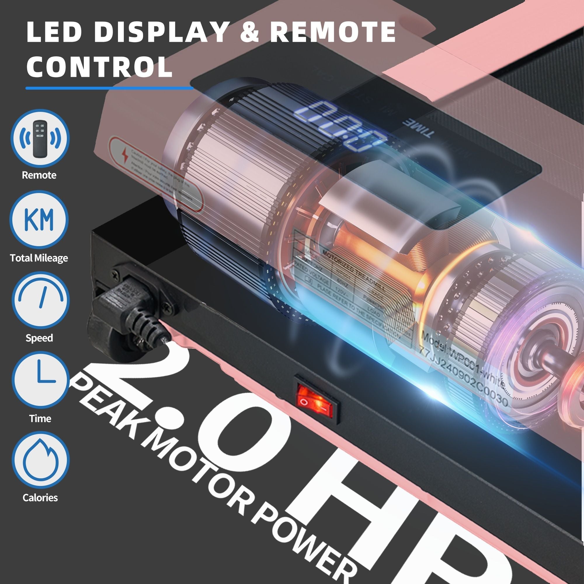 Motor with LED display and remote control features, highlighting peak motor power.